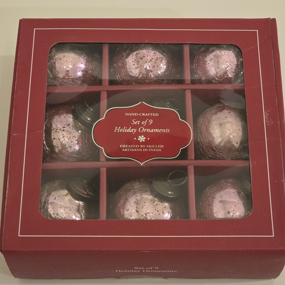 NWT 9 Pink Crackled Mercury Glass 3 Inch Holiday Ornaments w/ Antique Bronze Cap - Picture 3 of 5